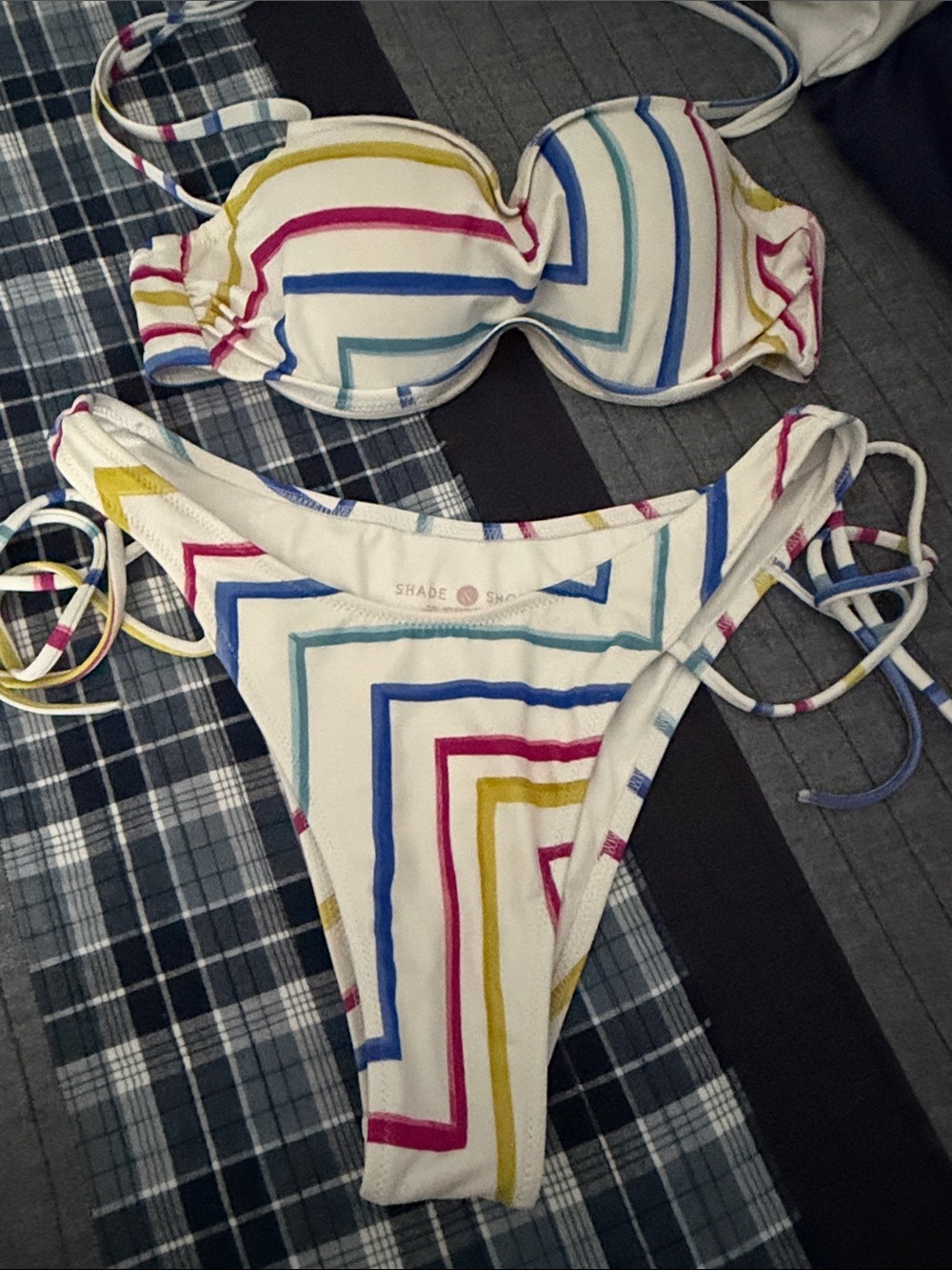 Shade & Shore White Bikini with Pink, Blue, and Yellow Stripes